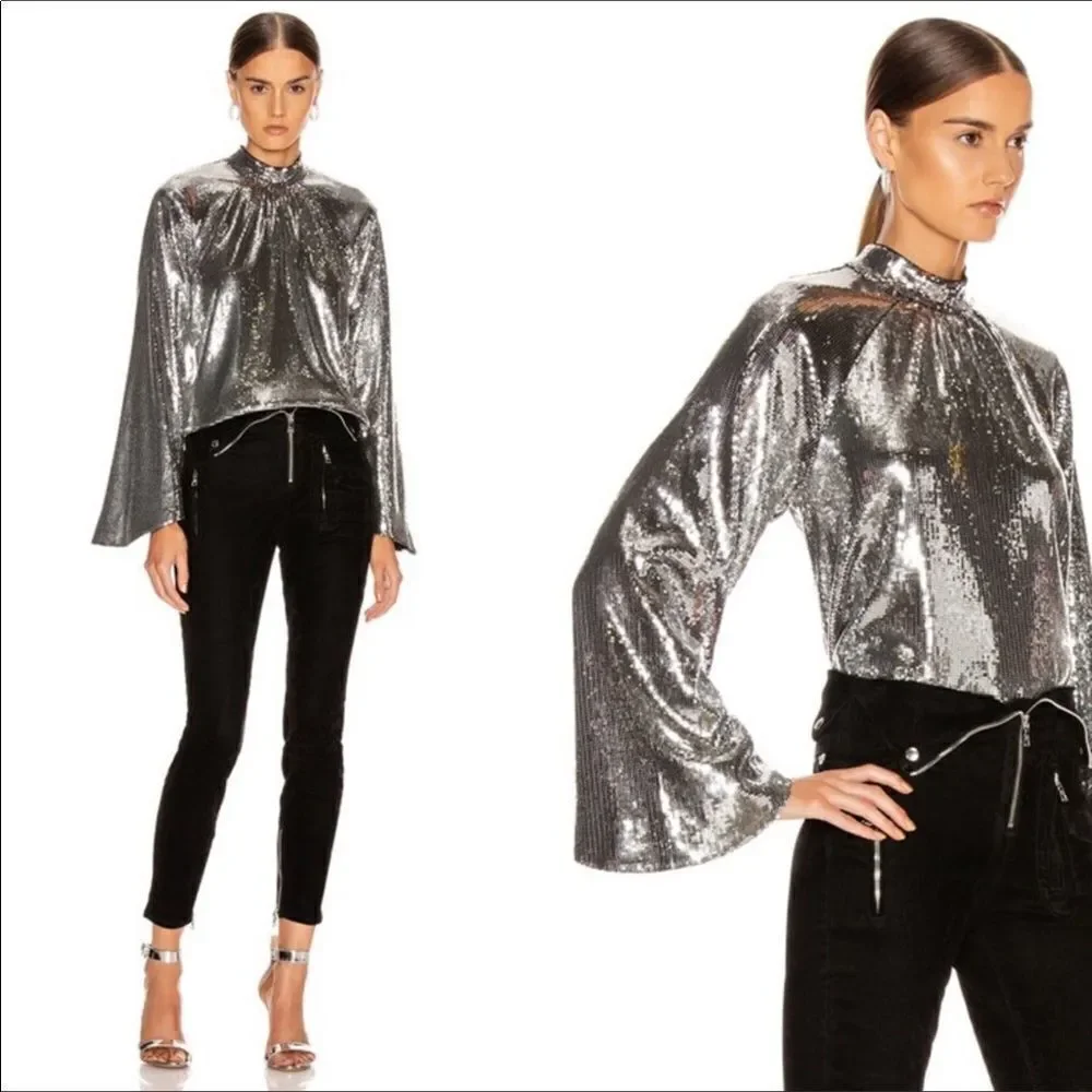 RtA Tennessee Peasant Silver Sequin Bell Sleeve Top Sz XS NWT - Picture 2 of 16